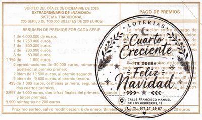 Reverso del d&eacute;cimo 32338 con el sello de la Administraci&oacute;n &laquo;Cuarto Creciente&raquo;, en Palma de Mallorca